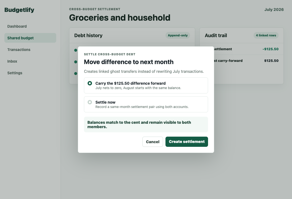 Budgetlify settlement modal showing move difference to next month